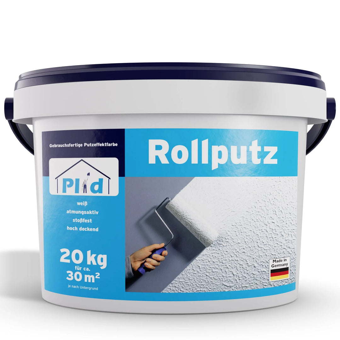 Der 20-kg-Eimer plid Rollputz 0,5mm weiß für Wand, Decke & Fassade hat einen blauen Deckel und ein deutsches Etikett, das die Anwendung der Rolle zeigt. Er ist ideal für dekorative Wände und hebt Deckkraft und Struktur auf der Verpackung hervor.