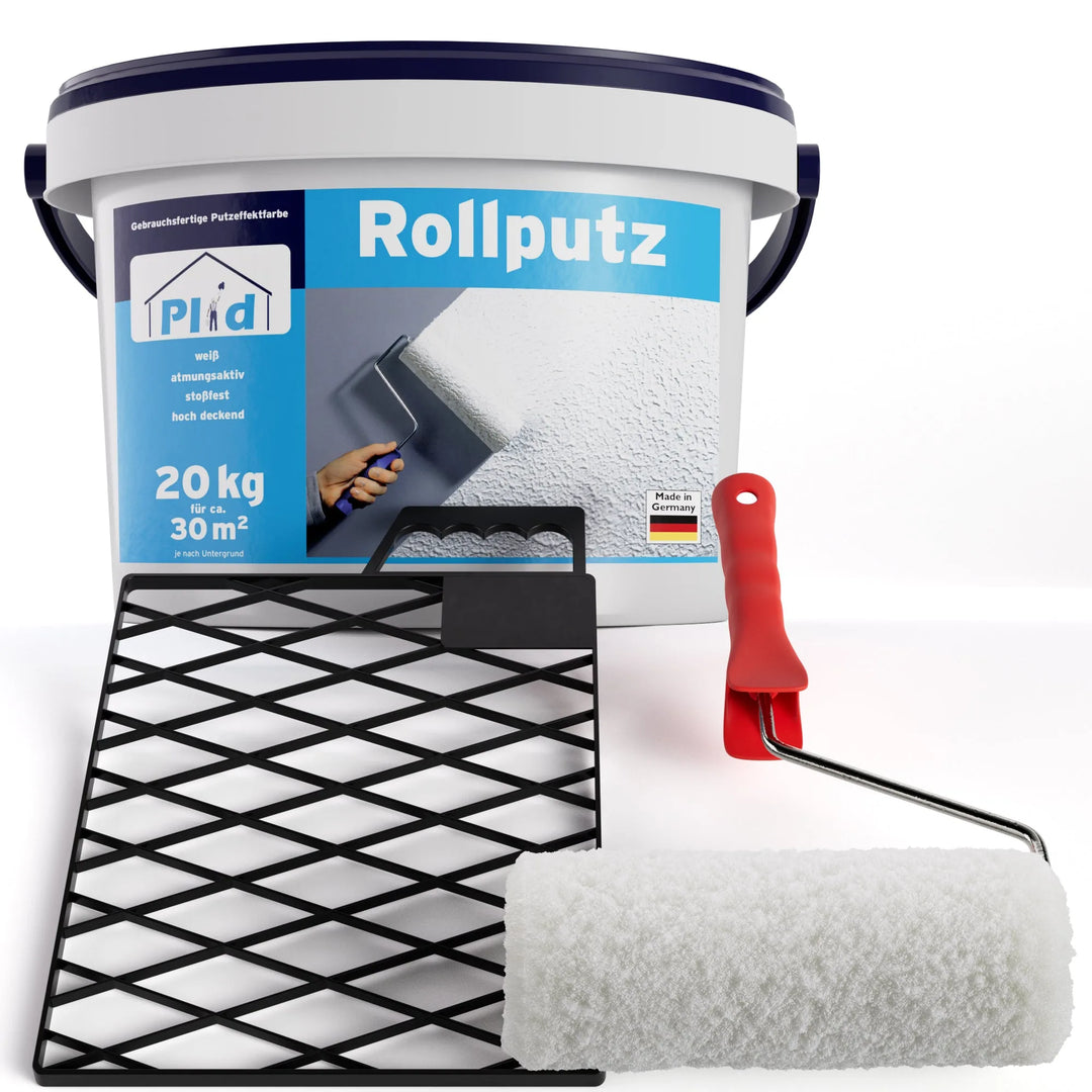 Abgebildet ist ein 20kg Eimer plid Rollputz 0,5mm weiß für Wand, Decke &amp; Fassade mit einer rotstieligen Farbwalze und schwarzer Gitterschale, ideal für dekorative Wandgestaltung über 30 m². Die Walze hat einen weißen Bezug.