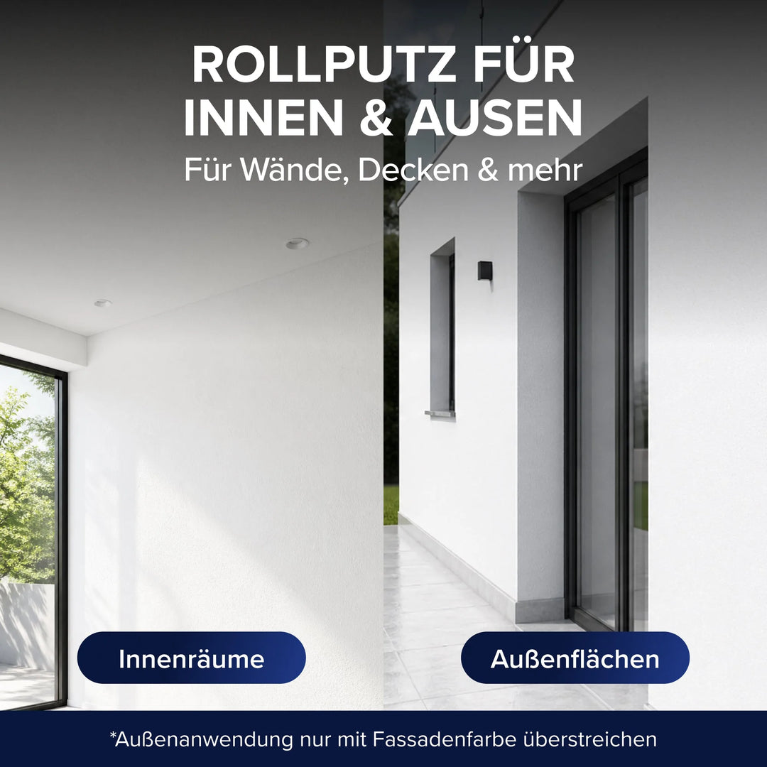 Split-Image: heller Raum (links), moderner Außenbereich (rechts) mit plid Rollputz 0,5mm weiß für Wand, Decke &amp; Fassade 20kg. Etiketten zeigen Verwendung für Innenräume &amp; Außenflächen - perfekt für kreative und dekorative Wandgestaltung.