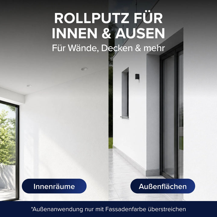 Split-Image: heller Raum (links), moderner Außenbereich (rechts) mit plid Rollputz 0,5mm weiß für Wand, Decke &amp; Fassade 20kg. Etiketten zeigen Verwendung für Innenräume &amp; Außenflächen - perfekt für kreative und dekorative Wandgestaltung.