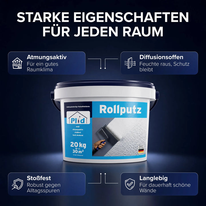 Ein 20kg-Container plid Rollputz 0,5mm weiß für Wand, Decke &amp; Fassade ist mit Icons für atmungsaktiv, schlagfest, diffusionsoffen und langlebig dargestellt. Eine Hand verwendet eine Rolle, um ihn dekorativ auf eine Wand aufzutragen.