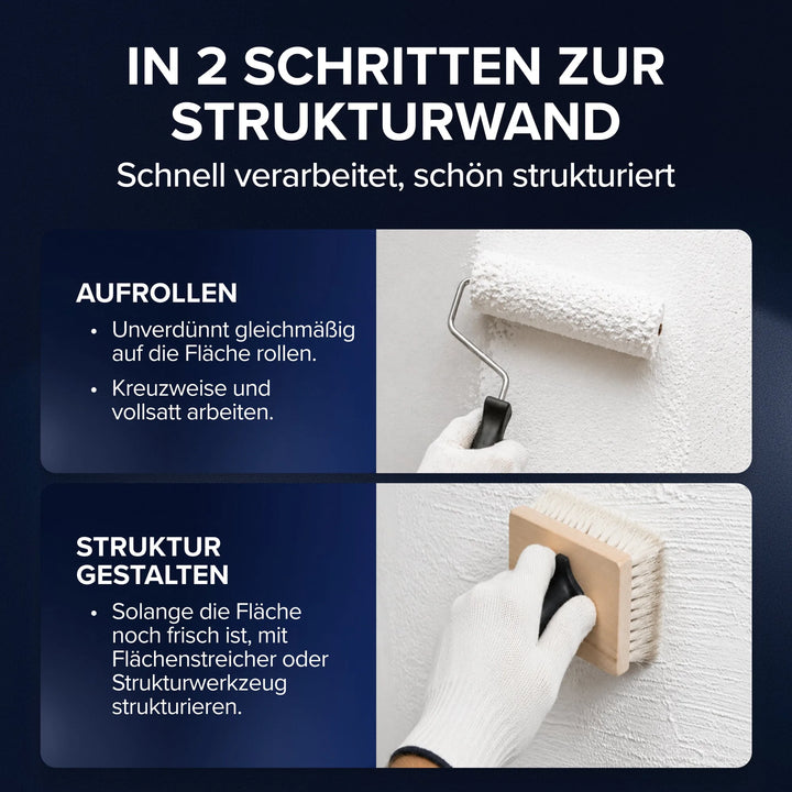 Eine deutsche Anleitung zeigt, wie man dekorative Wände gestalten kann: plid Rollputz 0,5mm weiß für Wand, Decke &amp; Fassade 20kg gleichmäßig mit einer Rolle auftragen, dann mit einer Strukturbürste auf der nassen Oberfläche ein schönes Muster erzeugen.