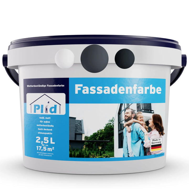 Ein weißer Plastikeimer Fassadenfarbe wetterfest &amp; diffusionsoffen für Außenwände (2,5 l) mit blauem Etikett, auf dem eine lächelnde Familie abgebildet ist, bietet dauerhaften Wetterschutz und ist in Deutschland hergestellt.