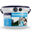 Ein weißer Eimer mit blauem und weißem Text, plid Fassadenfarbe wetterfest & diffusionsoffen für Außenwände-ideal für Außenanstrichprojekte.