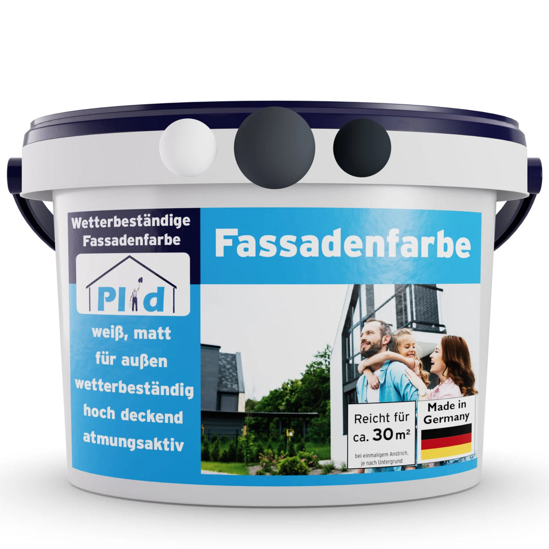 Ein weißer Farbeimer mit der Aufschrift plid Fassadenfarbe wetterfest &amp; diffusionsoffen für Außenwände, mit blauen und grauen Akzenten, Menschen, die ein Haus betrachten, deutschem Text, einem Made in Germany-Abzeichen und der Hervorhebung des wetterfesten Schutzes.