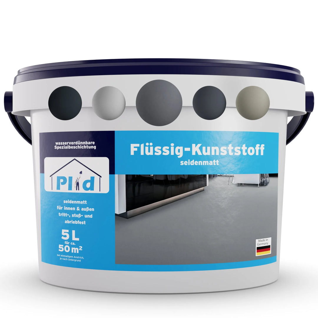 Der plid Flüssigkunststoff Bodenbeschichtung für Innen &amp; Außen - Betonfarbe kommt im 5-Liter-Eimer in Weiß und Blau mit seidenmatter Oberfläche, Farboptionen auf dem Deckel, einer Deutschlandflagge und ist ideal für die Bodenbeschichtung im Innen- und Außenbereich.