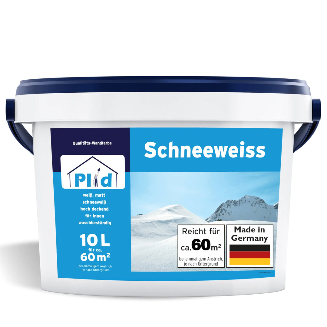 Ein weißer Farbeimer mit blauem Deckel mit der Aufschrift PLID Shop Innenfarbe Schneeweiß hochdeckend für Innenräume; das Etikett zeigt Schneeberge, 10L für ca. 60 m², Made in Germany mit deutscher Flagge - eine hochdeckende Innenfarbe.