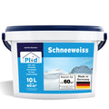 Ein weißer Farbeimer mit blauem Deckel mit der Aufschrift PLID Shop Innenfarbe Schneeweiß hochdeckend für Innenräume; das Etikett zeigt Schneeberge, 10L für ca. 60 m², Made in Germany mit deutscher Flagge - eine hochdeckende Innenfarbe.