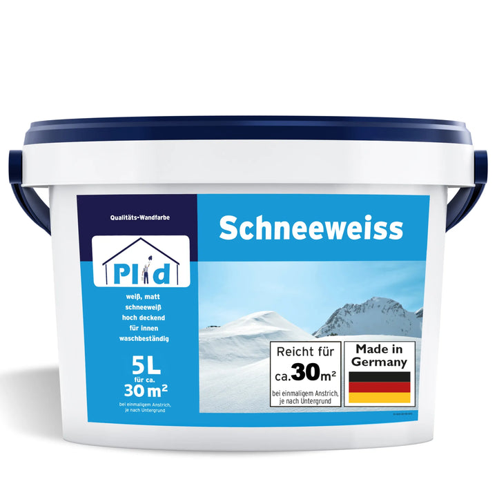 Ein 5-Liter-Eimer PLID Shop Innenfarbe Schneeweiß hochdeckend für Innenräume, mit blau-weißer Beschriftung, Schneebergen, Deutschlandflagge und Made in Germany"-Zeichen, deckt bis zu 30 m² ab.