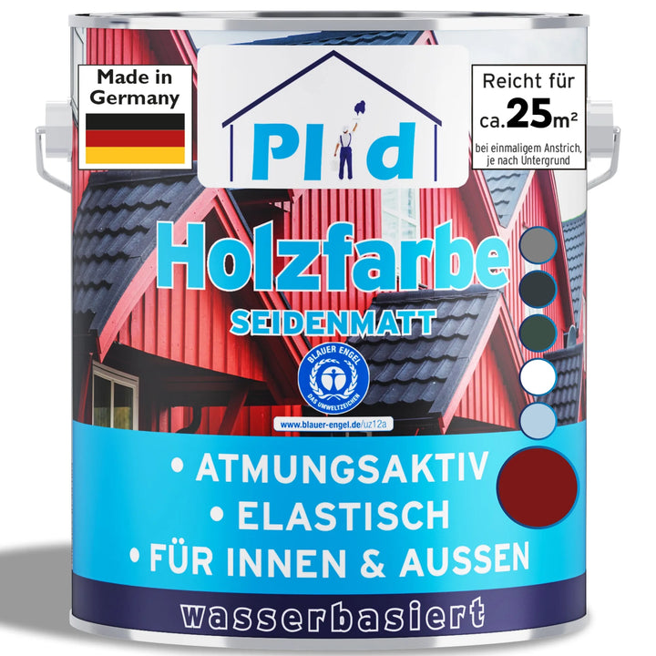 Eine Dose plid Wetterschutz Holzfarbe - deckend &amp; wetterfest für innen &amp; außen. Das Etikett zeigt ein rotes Haus, Farbmuster sowie Symbole für Atmungsaktivität und Elastizität, die für einen wirksamen Holzschutz im Innen- und Außenbereich sorgen.