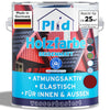 Eine Dose plid Wetterschutz Holzfarbe - deckend & wetterfest für innen & außen mit einem roten Haus, der deutschen Flagge und einem Text, der die matte Oberfläche, die Atmungsaktivität, die Elastizität, den lang anhaltenden Schutz und die wasserbasierte Formel hervorhebt.