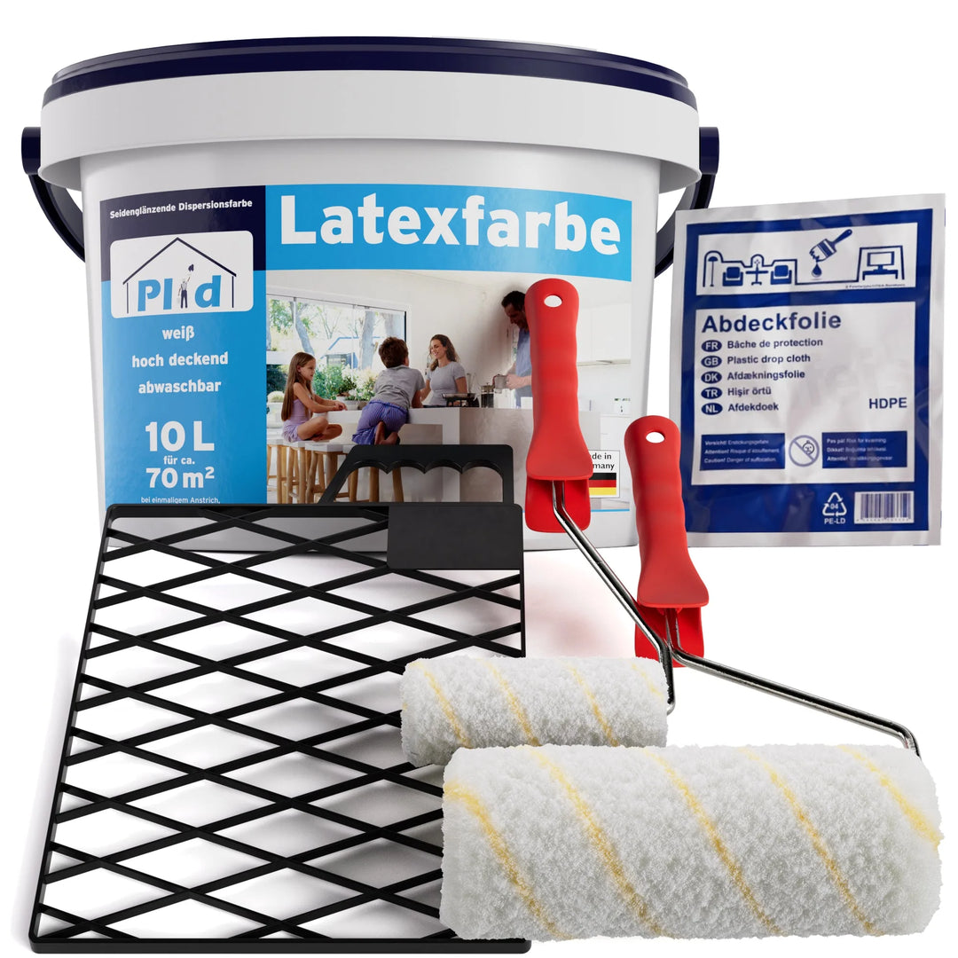 Das plid Latexfarbe - Anstreichset enthält einen 10L Eimer abwaschbare Innenfarbe, zwei rotstielige Walzen, schwarzes Farbgitter, Kunststoffabdeckfolie und Abdeckfolie - ideal für Küche und Bad.