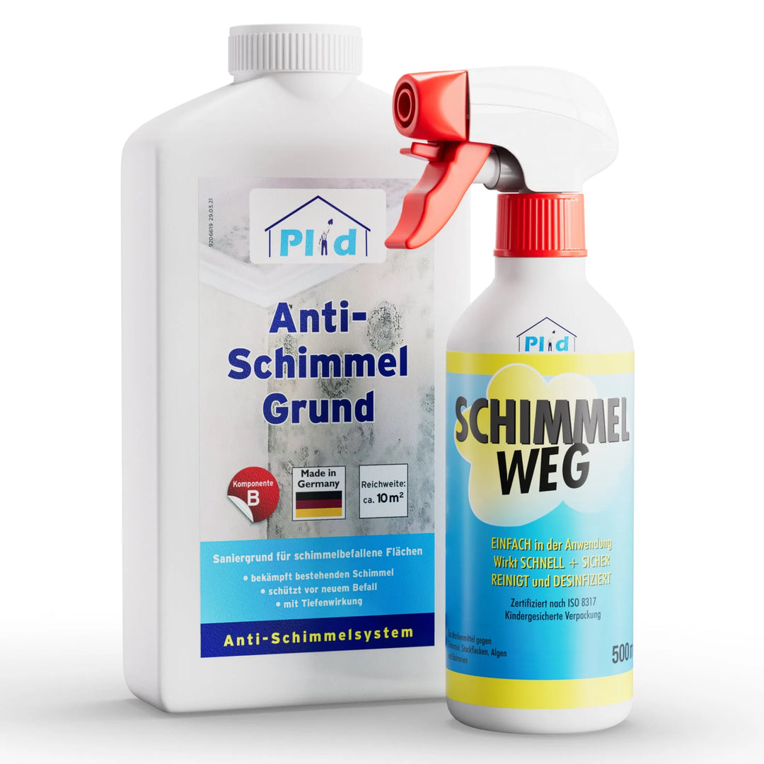 Das plid Schimmelentferner Set - Spray & Grundierung für Innenräume enthält eine Sprühflasche und eine weiße Flasche, die beide für die Schimmelentfernung und den Schutz in Innenräumen geeignet sind.