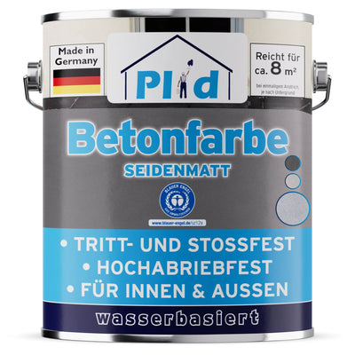 Eine Farbdose mit der Aufschrift "plid Plid Betonfarbe für Böden & Wände - abriebfest & wetterbeständig"- auf Wasserbasis, für innen/außen, ideal als Sockelfarbe oder Bodenbeschichtung, made in Germany, reicht für 8m². Das Etikett ist blau, weiß und grau.