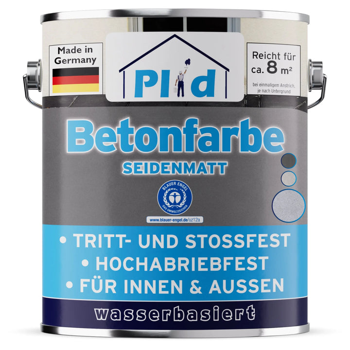 Eine Farbdose mit der Aufschrift "plid Plid Betonfarbe für Böden &amp; Wände - abriebfest &amp; wetterbeständig"- auf Wasserbasis, für innen/außen, ideal als Sockelfarbe oder Bodenbeschichtung, made in Germany, reicht für 8m². Das Etikett ist blau, weiß und grau.