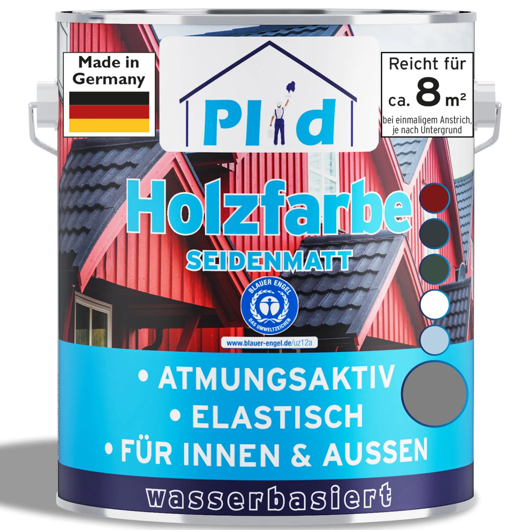 Eine Dose plid Plid Wetterschutz Holzfarbe - deckend &amp; wetterfest für innen &amp; außen. Die wasserbasierte, atmungsaktive und elastische Farbe aus Deutschland deckt 8m² und schützt Holz im Innen- und Außenbereich dauerhaft.