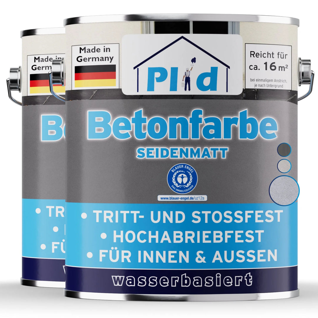 Zwei Dosen plid Betonfarbe für Böden &amp; Wände - abriebfest &amp; wetterbeständig, auf Wasserbasis für innen/außen. Jede Dose reicht für ca. 16 m². Geeignet als Bodenbeschichtung oder Grundfarbe. Made in Germany, blaues und graues Design.