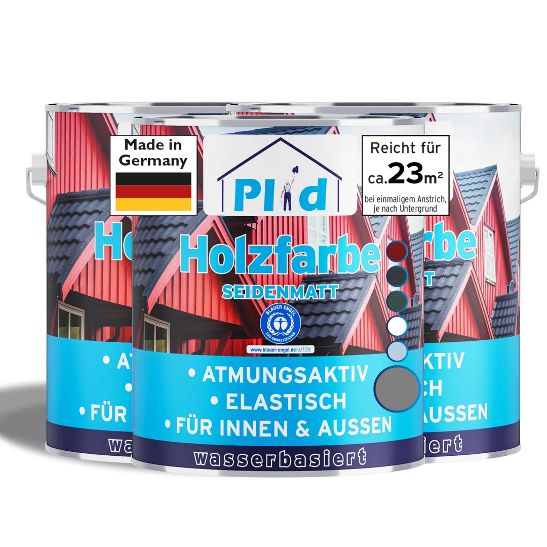 Drei Dosen blaue plid Wetterschutz Holzfarbe - deckend &amp; wetterfest für innen &amp; außen, mit Abbildungen von roten Holzhäusern. Diese Made in Germany Farbe auf Wasserbasis deckt ca. 23 m² und ist für den Innen- und Außenbereich geeignet.