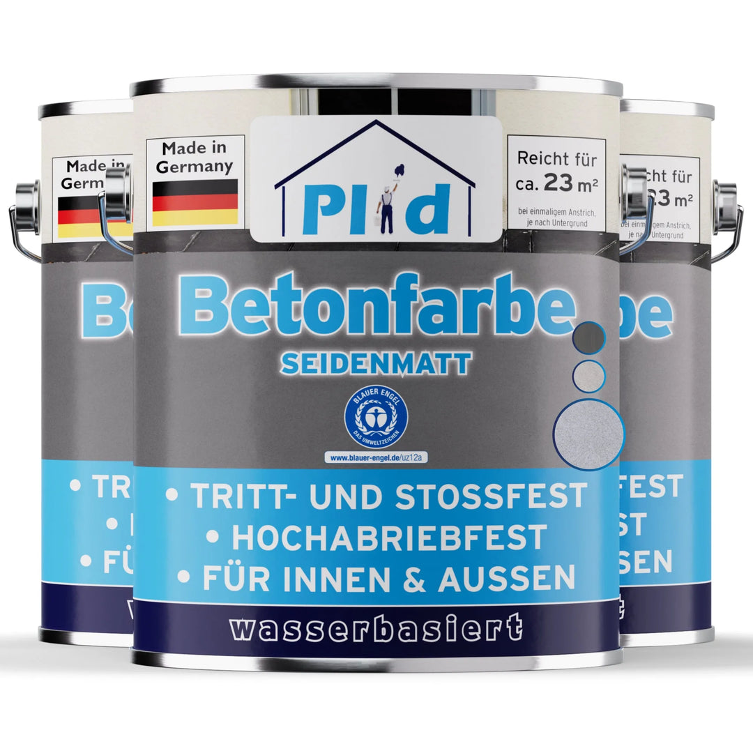 Drei Dosen plid Plid Betonfarbe für Böden &amp; Wände-abriebfest, wetterbeständig, wasserbasiert, für innen &amp; außen, ideal als Boden- oder Sockelfarbe-werden in Deutschland hergestellt.