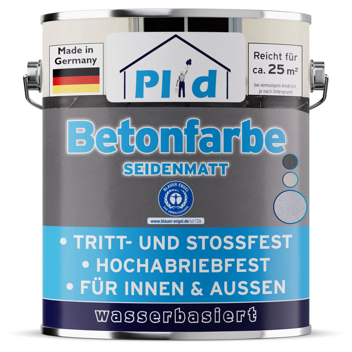 Eine Dose plid Plid Betonfarbe für Böden &amp; Wände - abriebfest &amp; wetterbeständig, auf Wasserbasis, für innen/außen. Made in Germany, deckt ~25m² pro Dose und bietet hohe Abrieb- und Stoßfestigkeit.