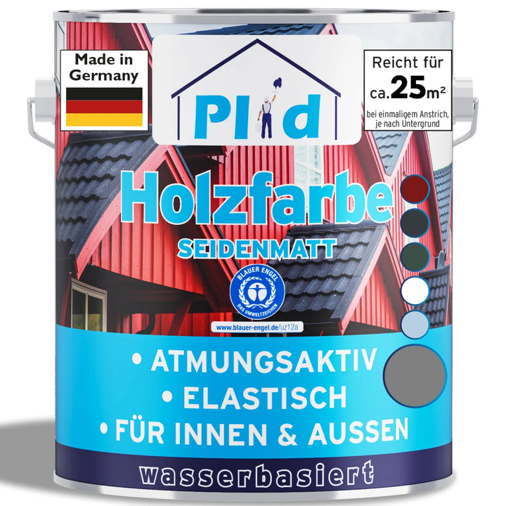 Eine Dose plid Plid Wetterschutz Holzfarbe - deckend &amp; wetterfest für innen &amp; außen, mit roten Holzhäusern. Text: Made in Germany, reicht für ca. 25m², atmungsaktiv, elastisch, wasserbasiert - idealer Holzschutz für Ihr Zuhause.