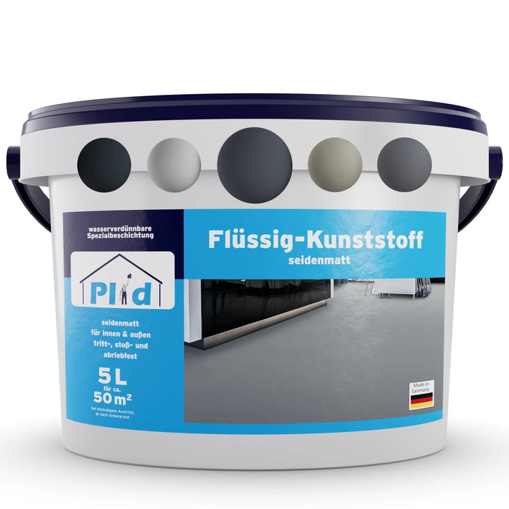 Ein 5-Liter-Eimer von plid Flüssigkunststoff Bodenbeschichtung für Innen &amp; Außen - Betonfarbe. Das blau-weiße Etikett zeigt graue Farbmuster und eine Abbildung der Verwendung auf Böden für Innen- und Außenanwendungen.