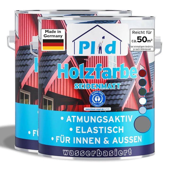 Zwei Dosen plid Wetterschutz Holzfarbe - deckend &amp; wetterfest für innen &amp; außen, mit Deutschlandflagge, Hausgrafik und Text, der auf den atmungsaktiven, elastischen, wasserbasierten Holzschutz für innen und außen hinweist.