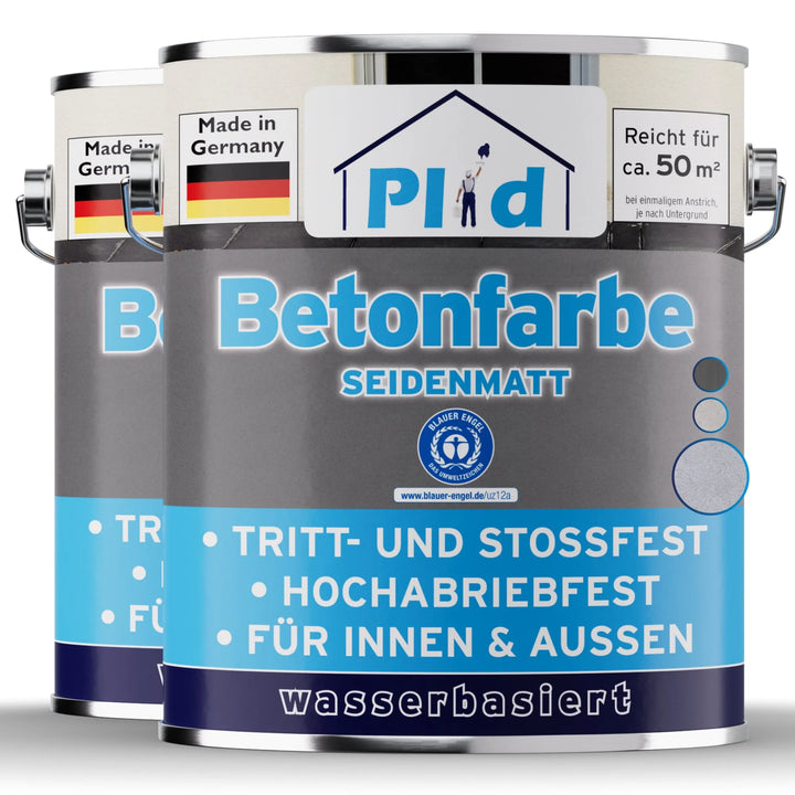 Zwei Dosen plid Plid Betonfarbe für Böden &amp; Wände, eine hochbeständige Farbe auf Wasserbasis, hergestellt in Deutschland. Sie ist abriebfest und wetterbeständig, deckt 50 m² und ist ideal für den Innen- und Außenbereich.