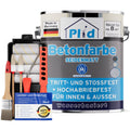 Eine große Dose plid Betonfarbe - Anstreichset mit deutschem Text steht neben einem Malset, das Pinsel, Rollen, ein Farbtablett und eine kleine blaue Anleitungskarte enthält.