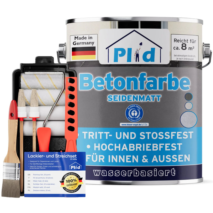 Eine große Dose plid Betonfarbe - Anstreichset mit deutschem Text steht neben einem Malset, das Pinsel, Rollen, ein Farbtablett und eine kleine blaue Anleitungskarte enthält.