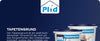 Zwei weiße Eimer Tapetengrund mit blauen Deckeln sind auf blauem Hintergrund abgebildet. Darüber befindet sich ein hausförmiges Logo mit dem Wort Pliid und einer Malerillustration. Ein deutscher Text beschreibt das Produkt.