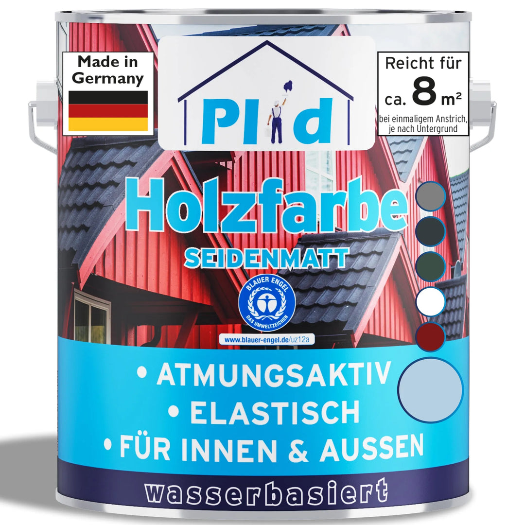 Eine Dose plid Wetterschutz Holzfarbe - eine deckende, wetterfeste Holzfarbe für den Innen- und Außenbereich. Das Etikett zeigt "Holzfarbe Seidenmatt", eine deutsche Flagge und Symbole für Atmungsaktivität, Elastizität und eine wasserbasierte Formel.