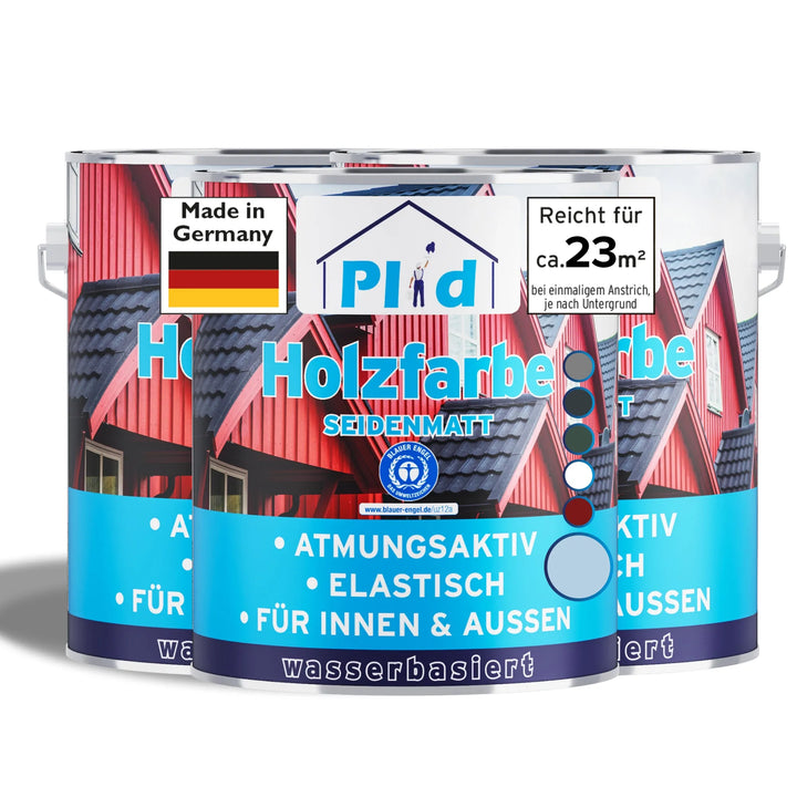 Drei Dosen plid Wetterschutz Holzfarbe - deckende, wetterfeste Holzfarbe für den Innen- und Außenbereich. Atmungsaktiv, elastisch, auf Wasserbasis. Made in Germany mit 23m² Deckkraft und rot/schwarzer Hausgrafik.