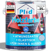 Eine Dose der plid Plid Wetterschutz Holzfarbe - deckend & wetterfest für innen & außen zeigt ein rotes Haus mit schwarzem Dach. Die Farbe auf Wasserbasis ist atmungsaktiv, elastisch, für den Innen- und Außenbereich geeignet und in Deutschland hergestellt.