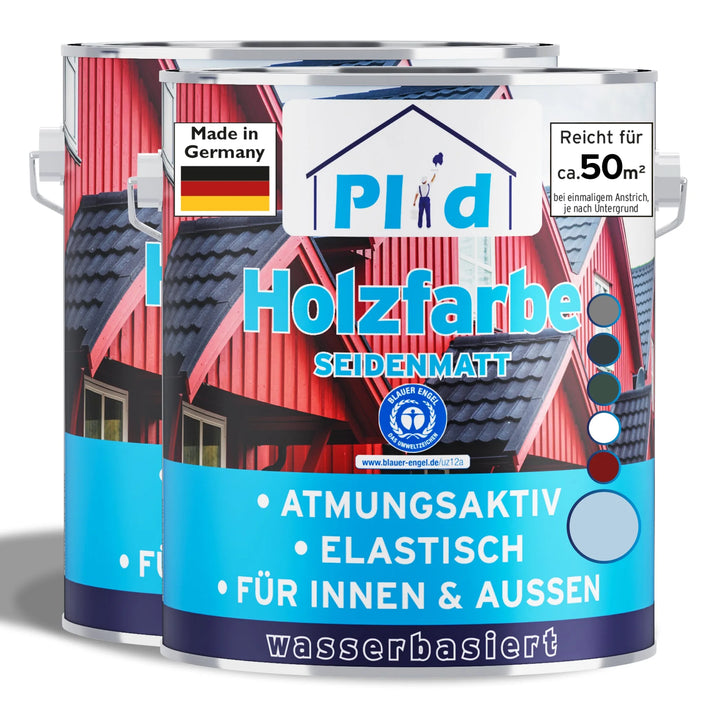 Abgebildet sind zwei Dosen von plid Wetterschutz Holzfarbe - deckend &amp; wetterfest für innen &amp; außen. Die Dosen sind mit einem roten Holzhaus versehen und betonen die Atmungsaktivität, Elastizität, den Schutz auf Wasserbasis und die Verwendung im Innen- und Außenbereich.