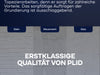 Ein Abschnitt einer deutschsprachigen Website mit marineblauem und weißem Text, der die Vorteile einer ordnungsgemäßen Grundierung beim Tapezieren beschreibt. Drei Schaltflächen mit den Bezeichnungen Stein, Mauerwerk und Gips befinden sich über der fettgedruckten Überschrift ERSTKLASSIGE QUALITÄT VON PLID.