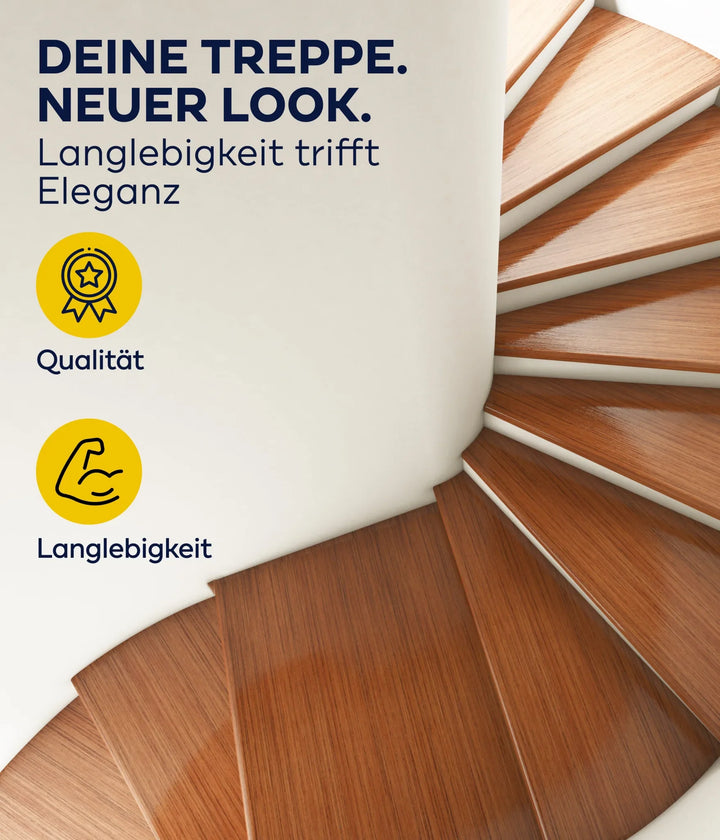 Eine moderne spiralförmige Holztreppe mit Holzstufen und einer weißen Außenwand präsentiert plid Treppenlack - Lackierset. Deutscher Text: "DEINE TREPPE. NEUER LOOK. Langlebigkeit trifft Eleganz." Gelbe Icons heben Qualität und Langlebigkeit hervor.