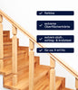 Holztreppe mit natürlicher Oberfläche. Vier blaue Kästen auf der rechten Seite listen die Eigenschaften auf: farblos, rutschhemmend, extrem harte Oberfläche, hoch stoß- & kratzfest, reicht für ca. 9 m²/L-ideal für plid Plid Treppenlack - strapazierfähig & schnell trocknend.