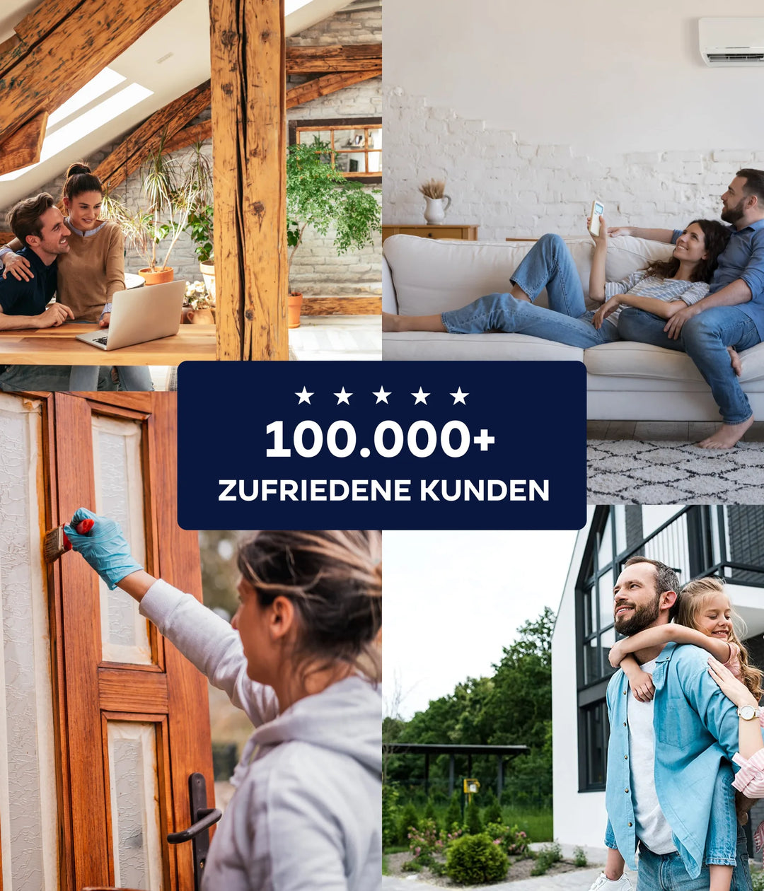 Eine Collage zeigt glückliche Familien zu Hause, eine Person, die eine Tür mit dem Schild Treppenlack - strapazierfähig &amp; schnell trocknend streicht, und eine Familie vor ihrem Haus. Text in der Mitte: 100.000+ ZUFRIEDENE KUNDEN mit Sternen darüber. Marke: plid.