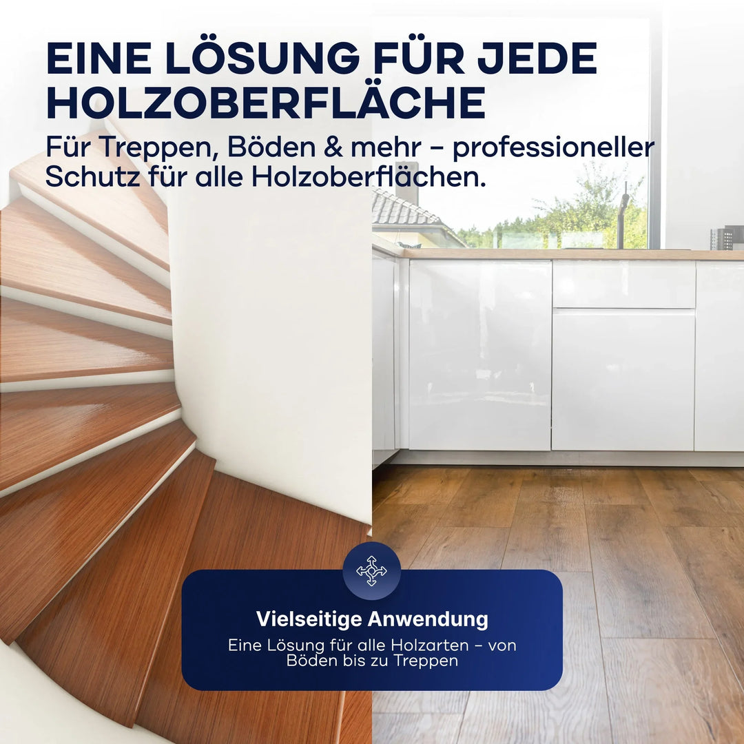 Geteiltes Bild: Links eine Holztreppe, rechts eine moderne Küche mit Holzböden und weißen Schränken. Text wirbt für plid Treppen &amp; Parkettlack - schnell trocknend &amp; abriebfest für optimalen Schutz von Holztreppen und -böden.