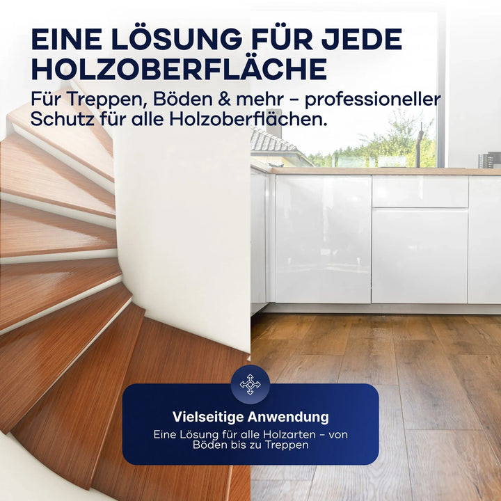 Geteiltes Bild: Links eine Holztreppe, rechts eine moderne Küche mit Holzböden und weißen Schränken. Text wirbt für plid Treppen &amp; Parkettlack - schnell trocknend &amp; abriebfest für optimalen Schutz von Holztreppen und -böden.