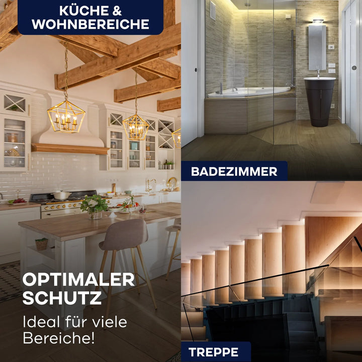Eine Collage zeigt eine helle Küche, ein modernes Bad mit Glasdusche und eine Treppe mit Holzstufen in plid Plid Treppen &amp; Parkettlack - schnell trocknend &amp; abriebfest, der optimalen Schutz für Holzoberflächen in Küche, Wohnräumen, Bädern und Treppen bietet.