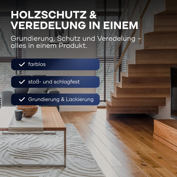 Modernes Wohnzimmer mit Holzböden und Treppen, großen Fenstern und neutralen Tönen. Overlay Text präsentiert plid Plid Treppen &amp; Parkettlack - schnell trocknend &amp; abriebfest für ein klares Finish, starke Widerstandsfähigkeit und doppelte Versiegelung für Holzversiegelung.