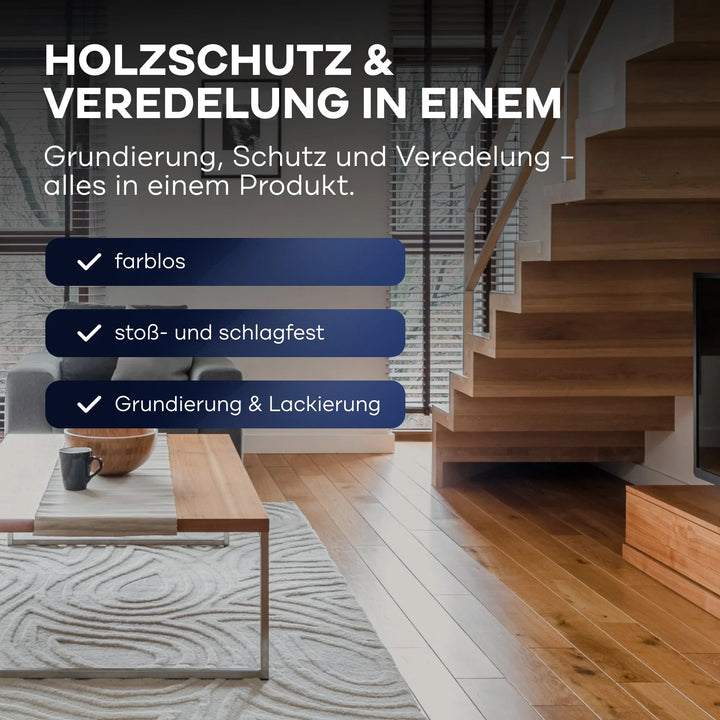 Modernes Wohnzimmer mit Holzböden und Treppen, großen Fenstern und neutralen Tönen. Overlay Text präsentiert plid Plid Treppen &amp; Parkettlack - schnell trocknend &amp; abriebfest für ein klares Finish, starke Widerstandsfähigkeit und doppelte Versiegelung für Holzversiegelung.
