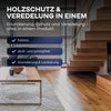 Modernes Wohnzimmer mit Holzböden, Treppen und Möbeln. plid Plid Treppen & Parkettlack versiegelt Holzoberflächen - farblos, schlagfest, schnell trocknend & abriebfest. Ideal zum Grundieren und Streichen.