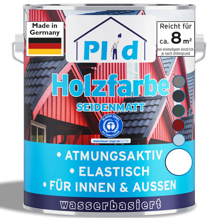 Eine Dose plid Plid Wetterschutz Holzfarbe - deckend &amp; wetterfest für innen &amp; außen, mit Hausgrafik, Deutschlandflagge und Text: atmungsaktiver, elastischer Holzschutz auf Wasserbasis, für 8m², made in Germany.