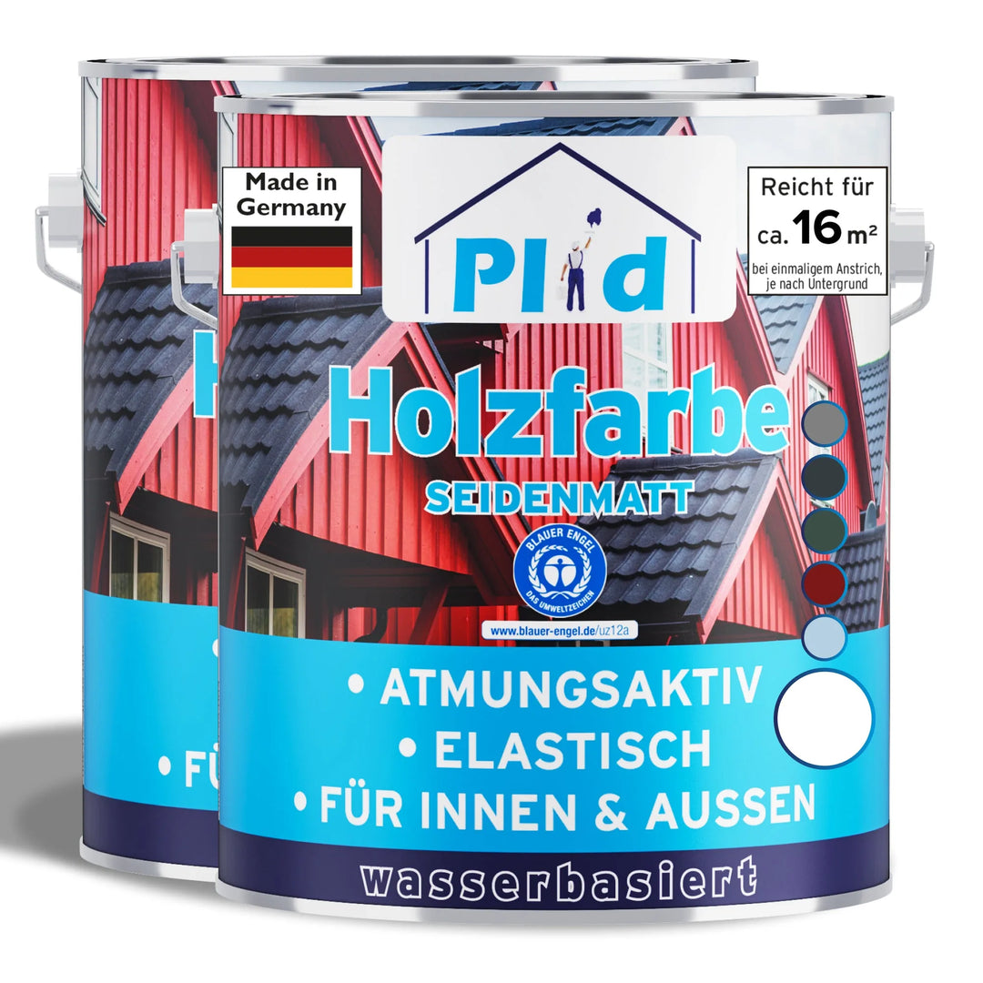 Zwei Dosen plid Plid Wetterschutz Holzfarbe - deckend &amp; wetterfest für innen &amp; außen, beschriftet mit türkisem Text. Die Dosen sind mit einem roten Holzhaus versehen, weisen auf "Made in Germany" hin und betonen die atmungsaktiven, elastischen und wasserbasierten Eigenschaften.