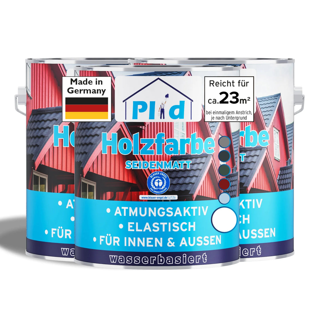 Drei Dosen plid Wetterschutz Holzfarbe, seidenmatt und auf Wasserbasis, bieten atmungsaktiven und elastischen Schutz. Die Verpackung zeigt ein rotes Holzhaus, die deutsche Flagge, und bietet Deckkraft für ca. 23m².