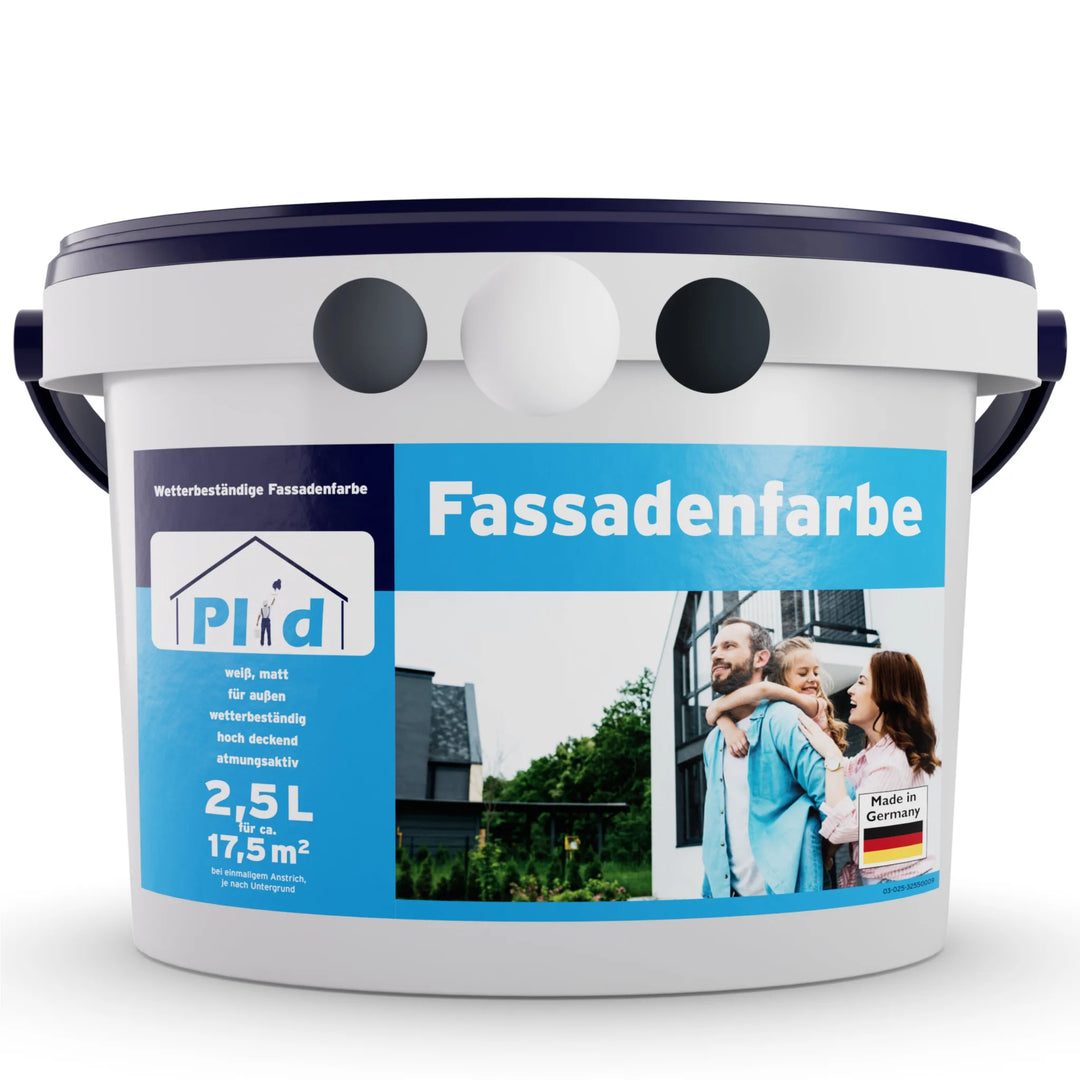 Ein weißer Plastikeimer von plid Fassadenfarbe wetterfest & diffusionsoffen für Außenwände, mit einem blauen Etikett, das eine lächelnde Familie vor einem modernen Haus zeigt. Das Etikett hebt den Wetterschutz, die Abdeckung und die Qualität "Made in Germany" hervor.