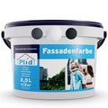 Ein weißer Plastikeimer von plid Fassadenfarbe wetterfest & diffusionsoffen für Außenwände, mit einem blauen Etikett, das eine lächelnde Familie vor einem modernen Haus zeigt. Das Etikett hebt den Wetterschutz, die Abdeckung und die Qualität "Made in Germany" hervor.